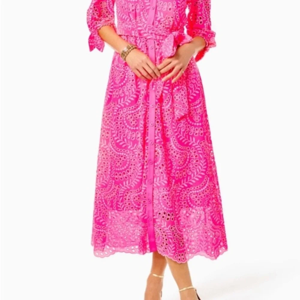 Lilly Pulitzer Vibrant Pink Eyelet Midi Dress - Picture 3 of 6